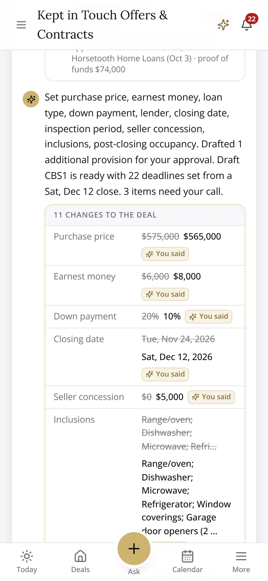 The changes to approve on a phone: price, earnest money, down payment and closing date, each marked as what Sam said.
