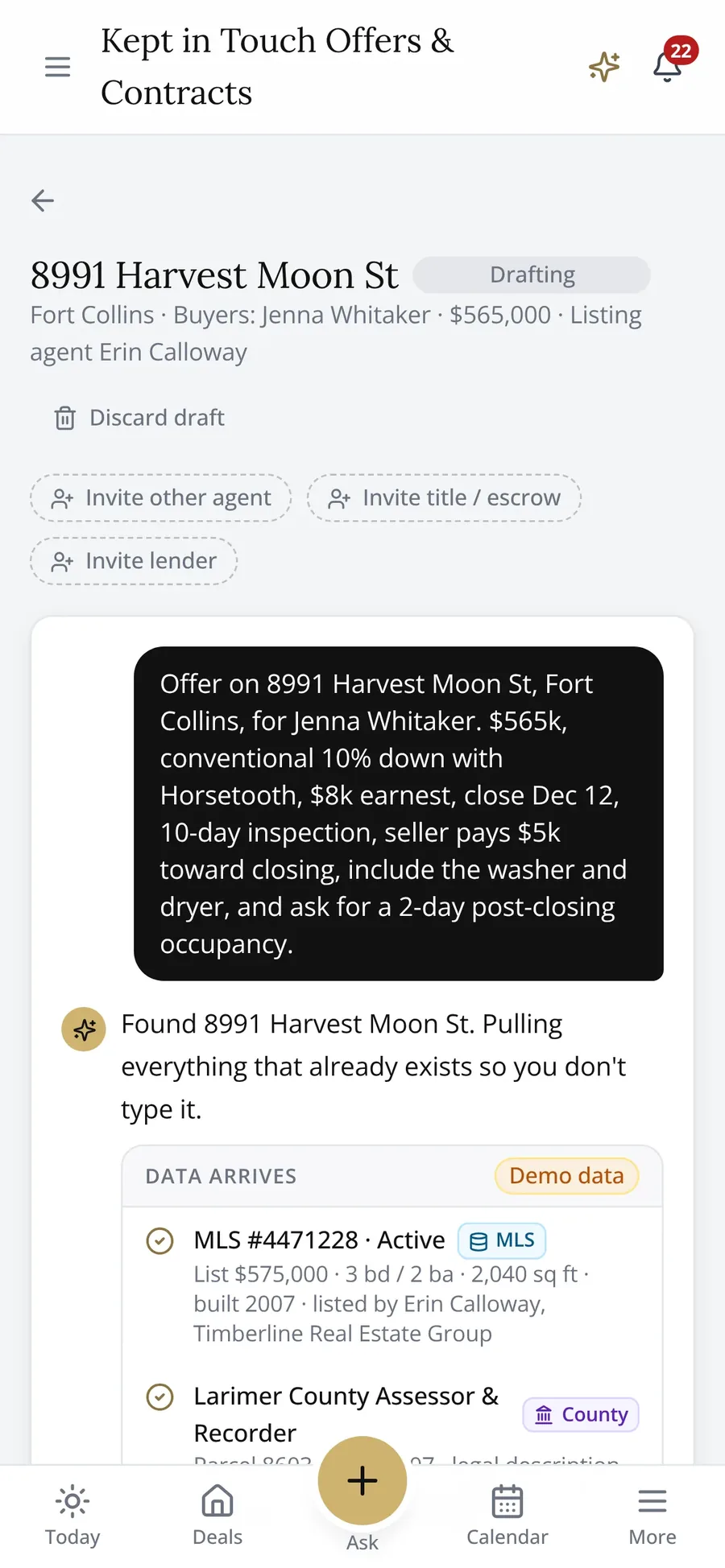 The same offer typed on a phone: $565,000, 10% down, $8,000 earnest, closing December 12.