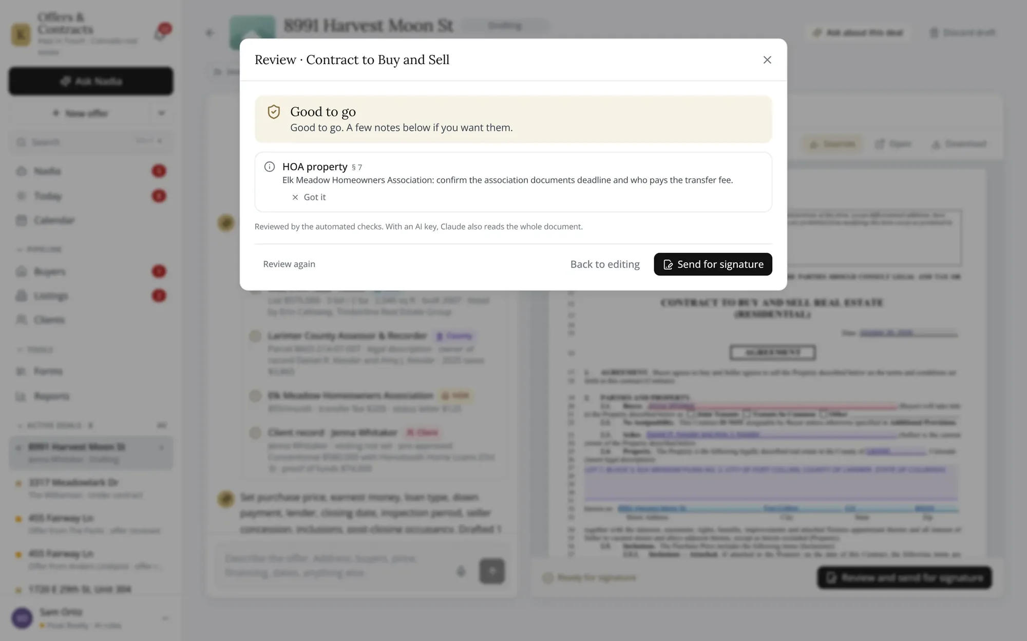 Checks before sending: the contract is reviewed as a whole and one HOA note is left for Sam.