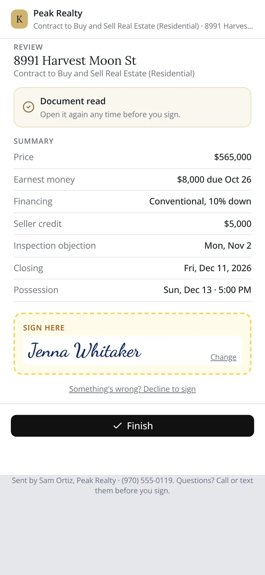 Jenna reviews the offer on her phone, $565,000 with $8,000 earnest and a December 11 closing, and signs with her finger.