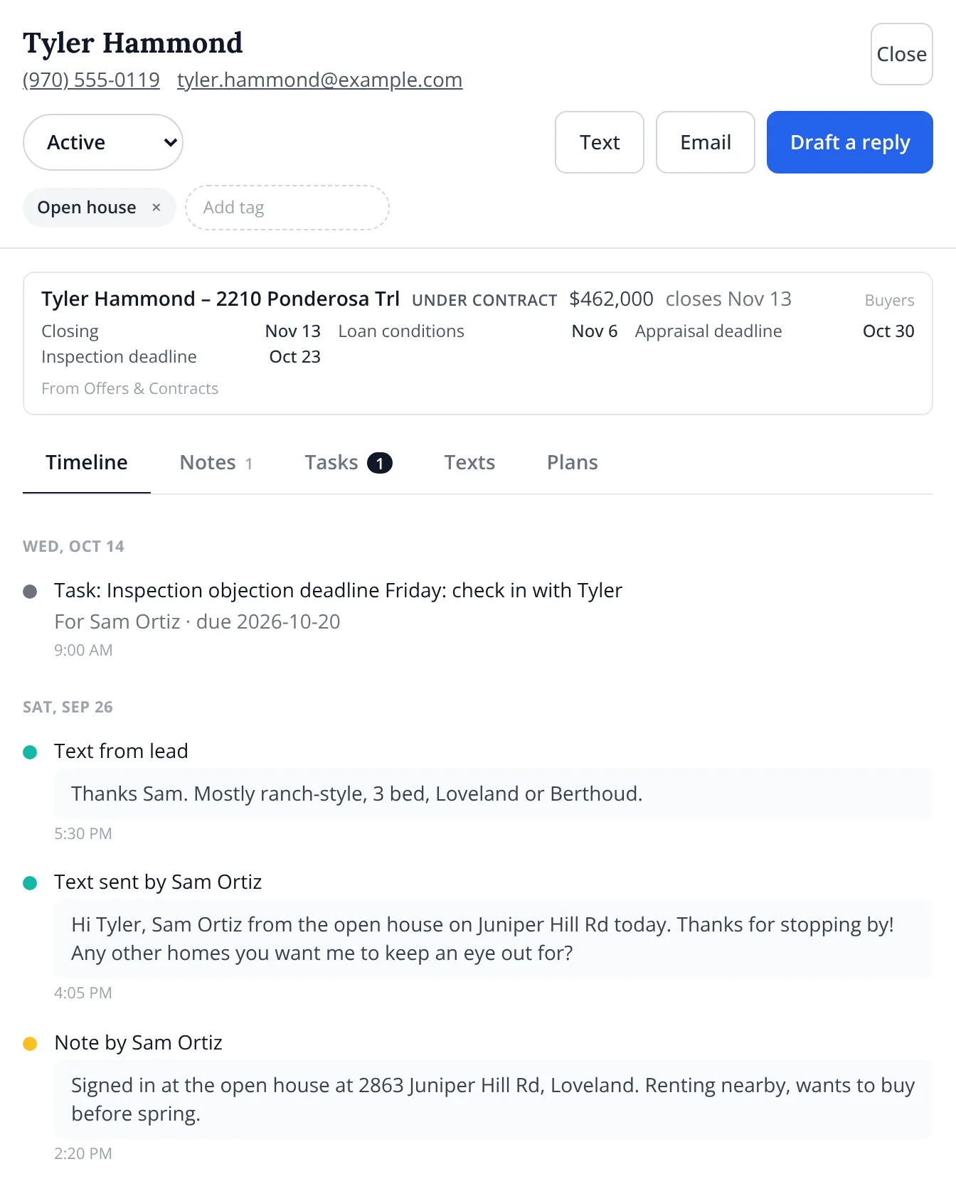Tyler Hammond's deal under contract at $462,000, with the closing, loan, inspection and appraisal dates on his record.