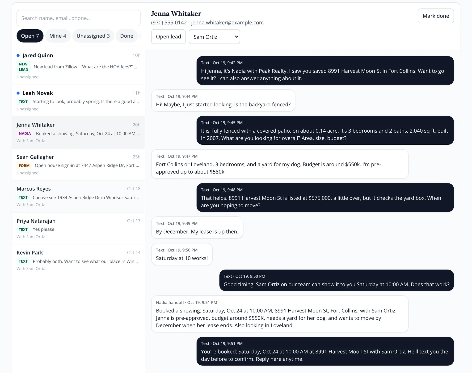 The team inbox: Jenna's texts with Nadia from 9:42 pm, Nadia's handoff note to Sam and the Saturday 10:00 showing confirmed.