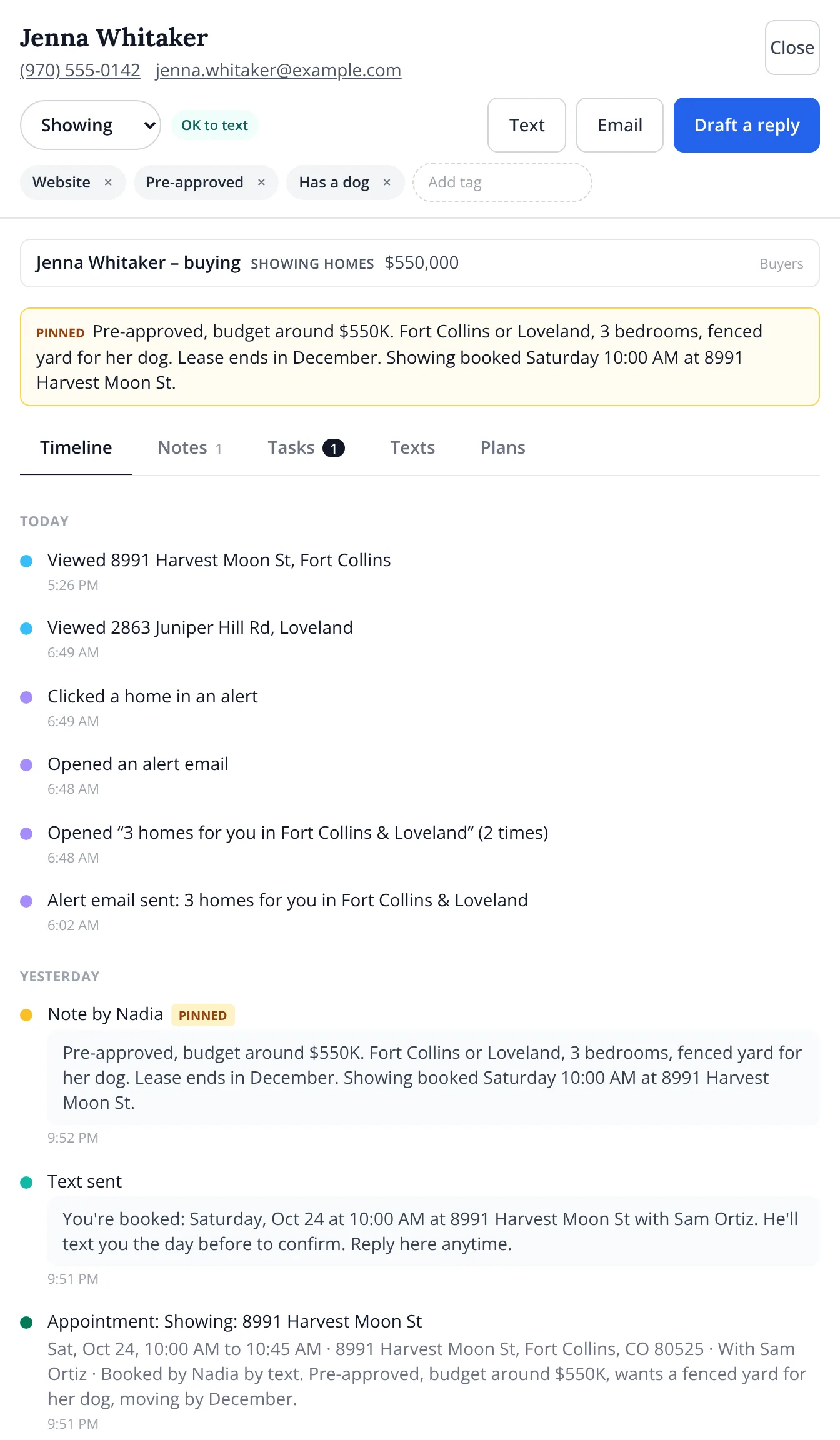 Jenna Whitaker's lead: Showing stage, pre-approved and has-a-dog tags, her buying deal, Nadia's pinned summary and this morning's timeline.