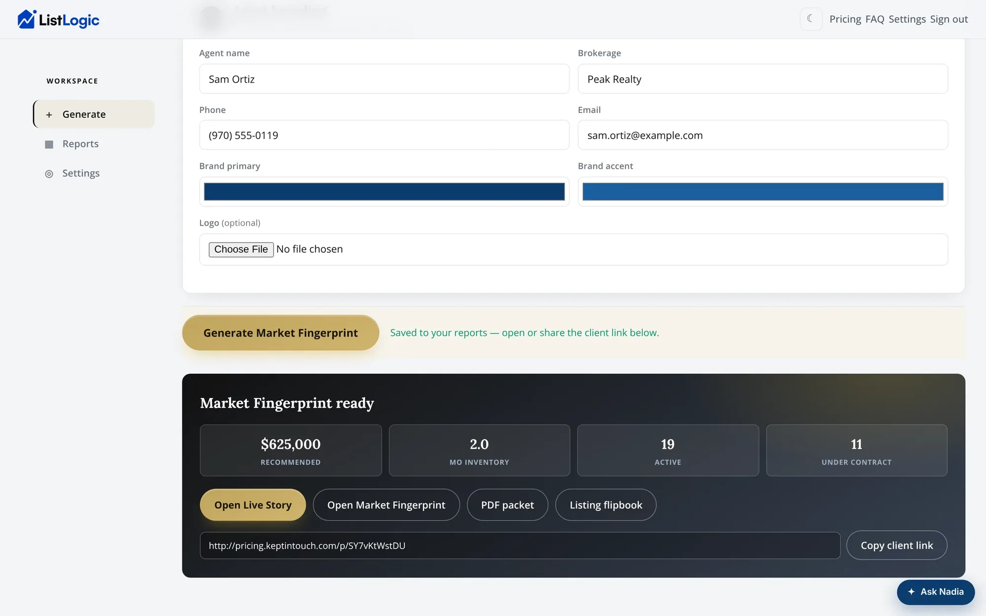 The finished CMA in ListLogic: $625,000 recommended, supply and demand, and the client link ready to share.