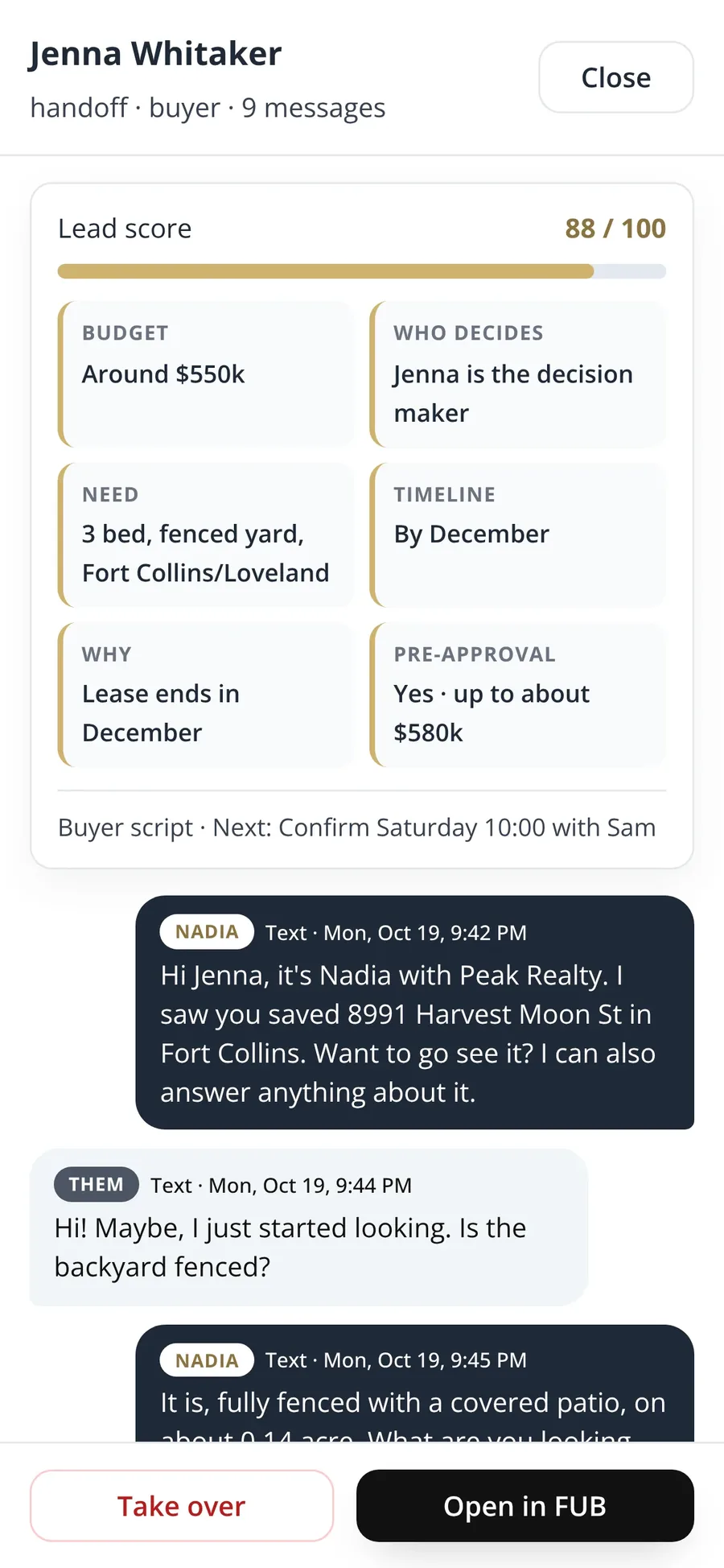 Nadia's conversation with Jenna from 9:42 pm, with the lead score card she filled in: budget, need, timeline and pre-approval.