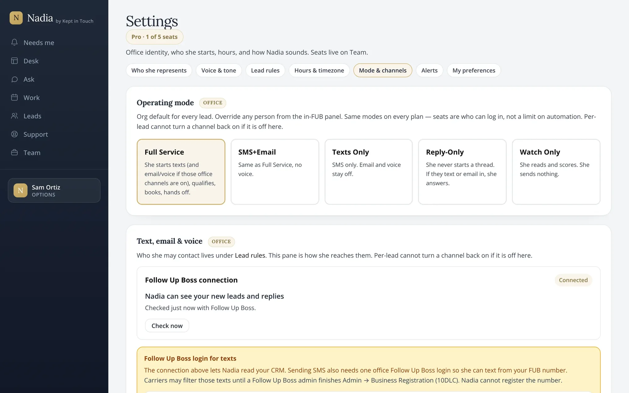 Nadia's settings: full service mode, the Follow Up Boss connection, and text, email and voice from the office line.