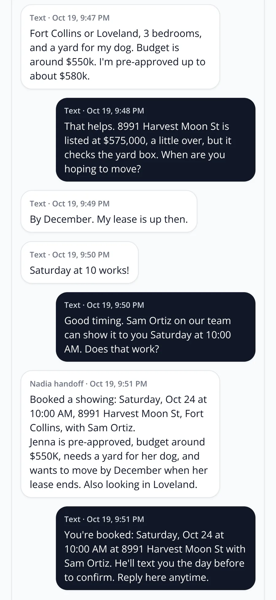 Jenna's texts on Sam's phone: her budget and her December move, Nadia's handoff note, and the Saturday showing booked.