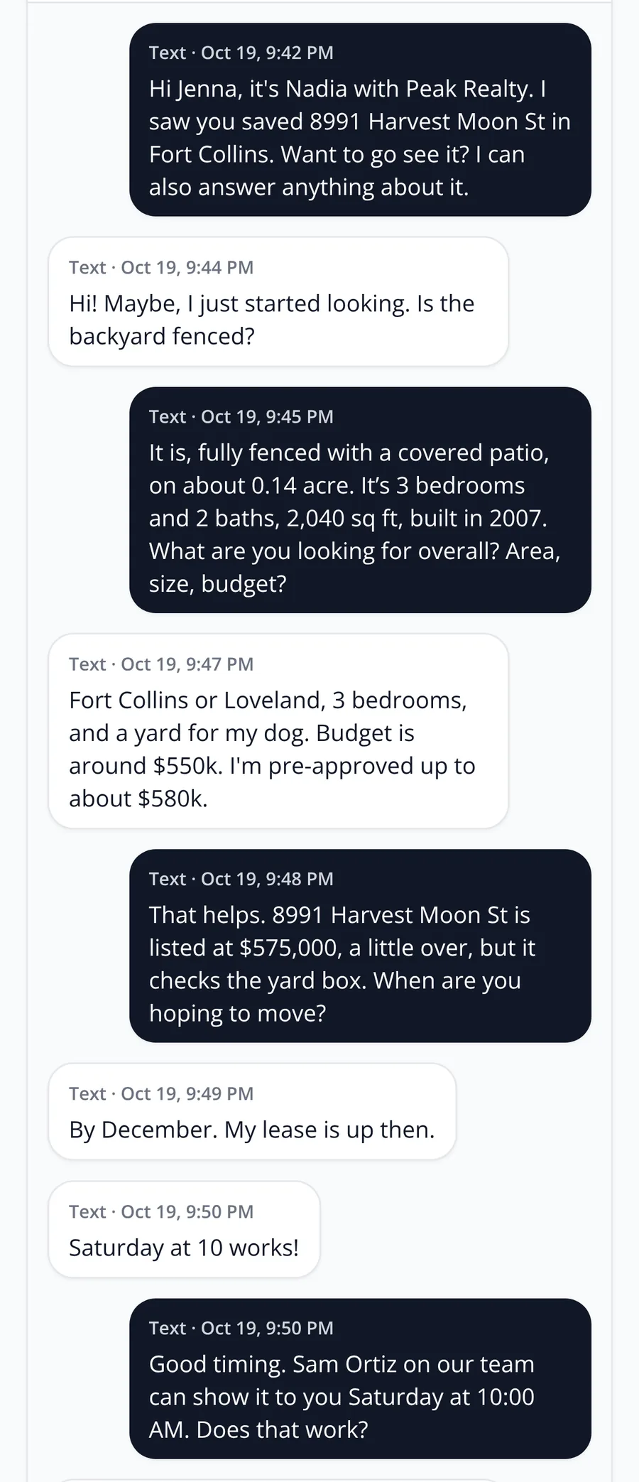 Nadia's first text to Jenna at 9:42 pm about 8991 Harvest Moon St, and Jenna's question about the fenced yard.