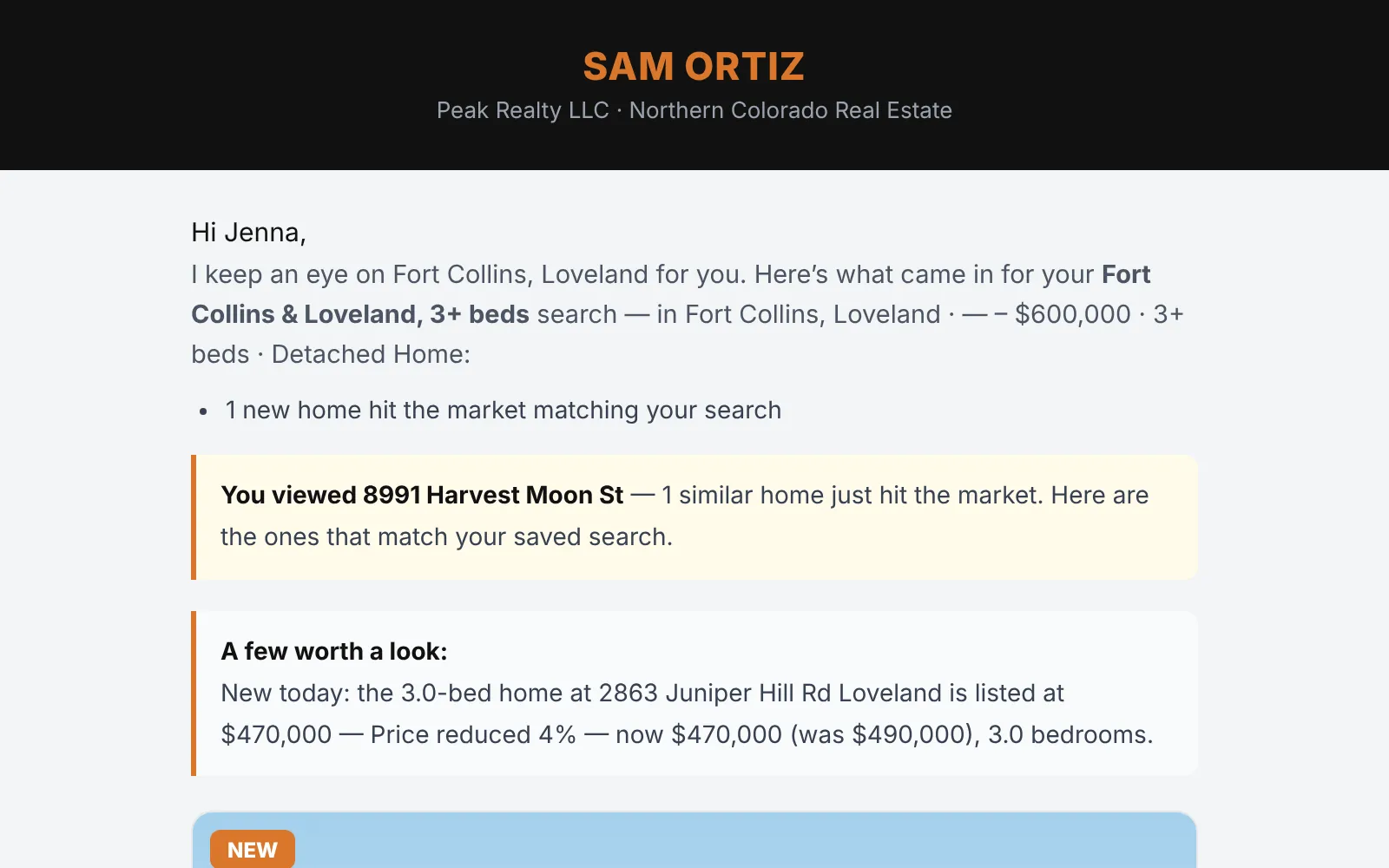 A saved-search alert email to Jenna with a new match and the home she viewed, signed by Sam.