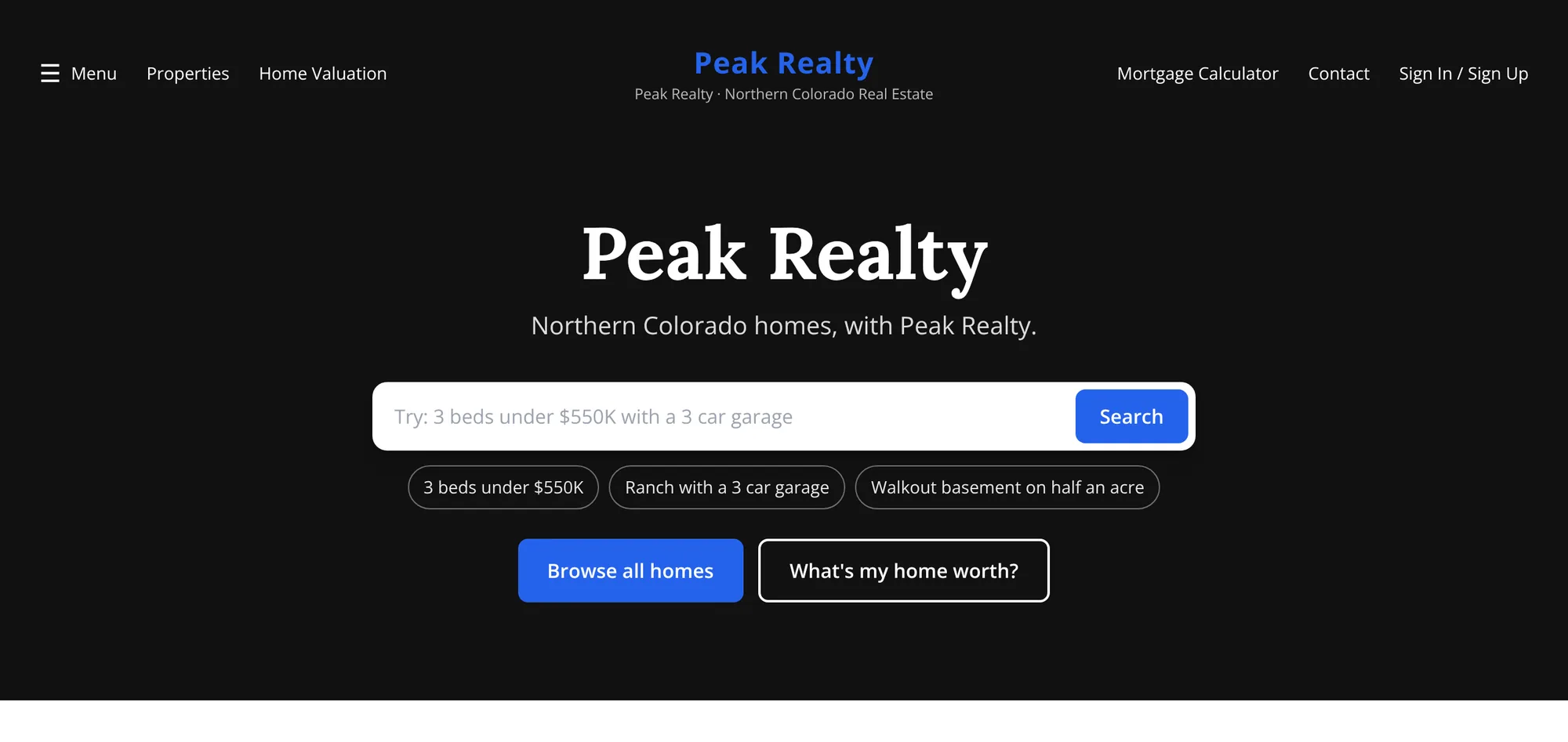 Peak Realty's home search: a search box that takes plain words, three example searches and a home value button.