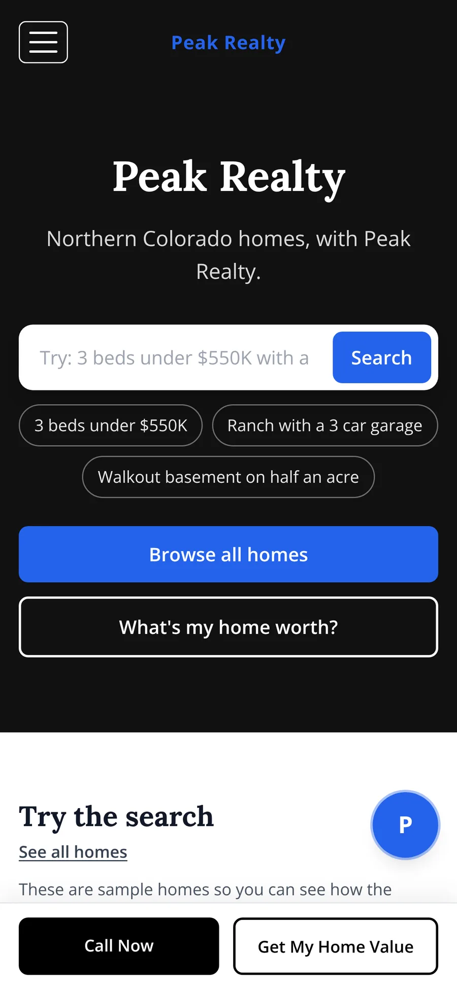 Peak Realty's home search on a phone, with plain-words search and example searches.