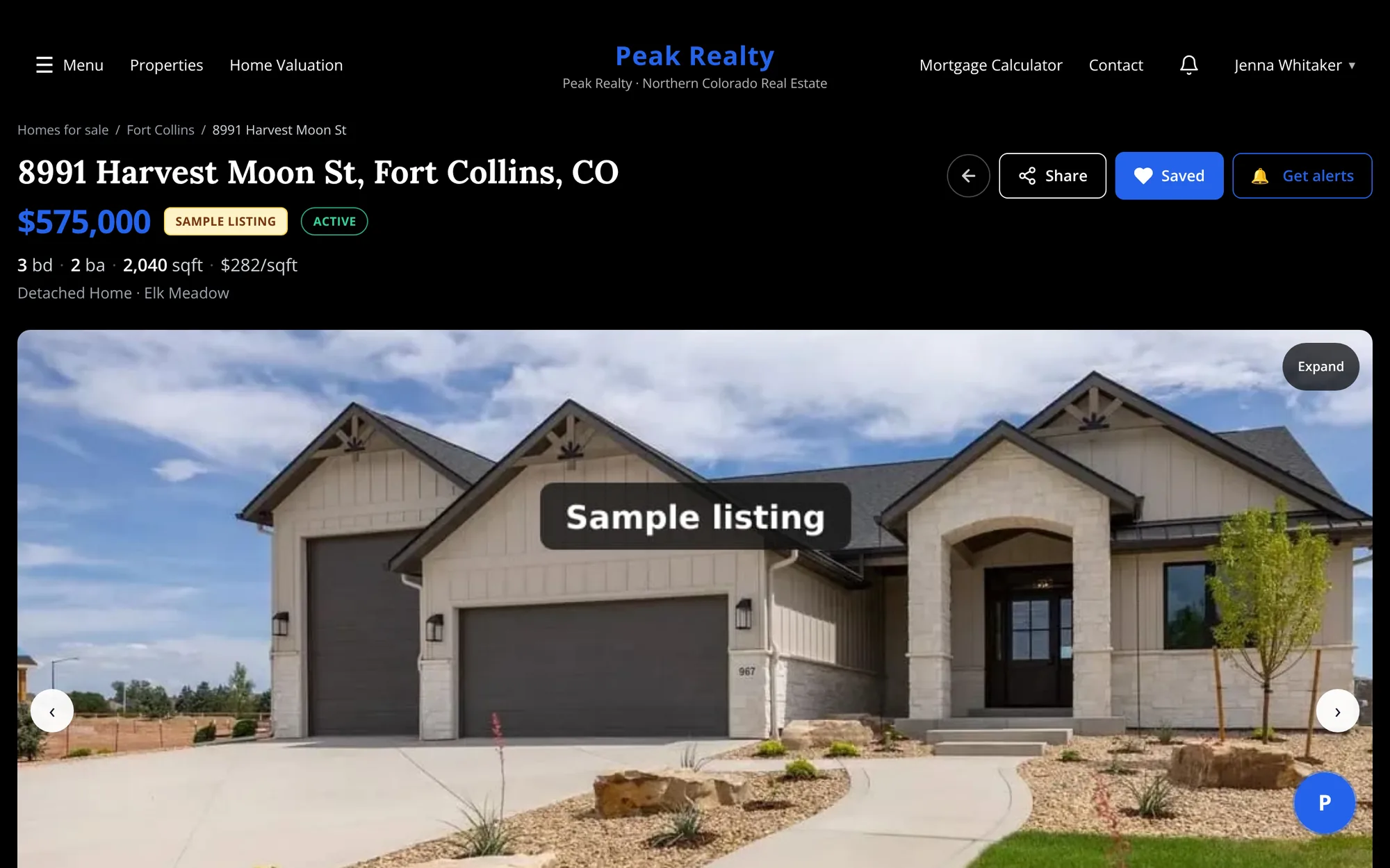 The listing page for 8991 Harvest Moon St: $575,000, 3 beds, 2 baths, 2,040 sq ft, saved by Jenna.