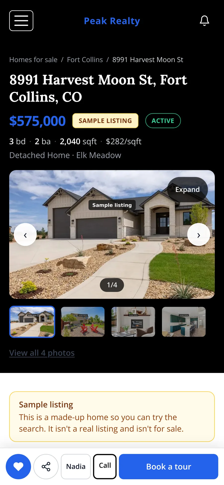 8991 Harvest Moon St on Jenna's phone, saved, with buttons to ask Nadia, call and book a tour.