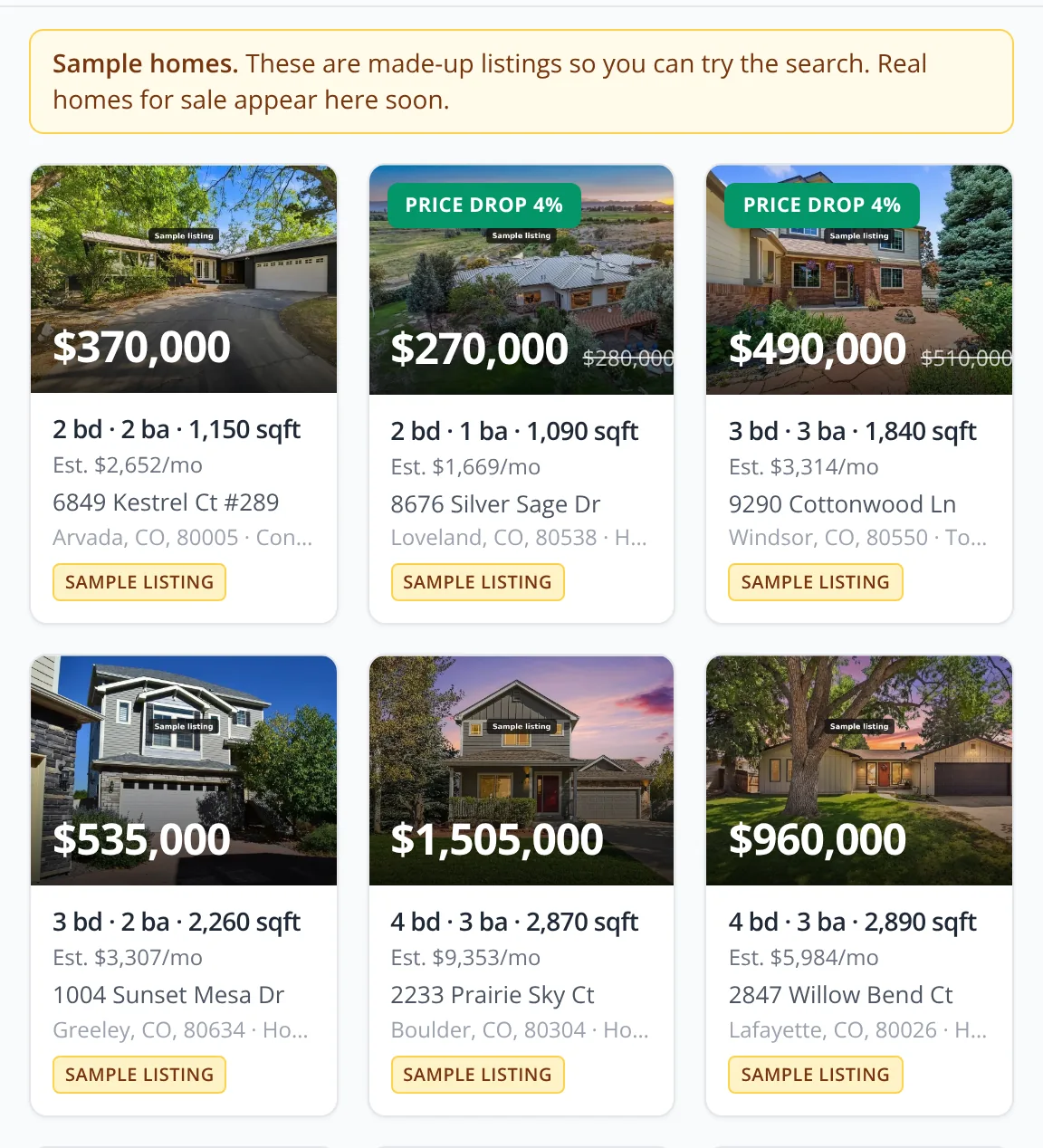Search results: sample homes with their photos, price drops, beds, baths and an estimated monthly payment.