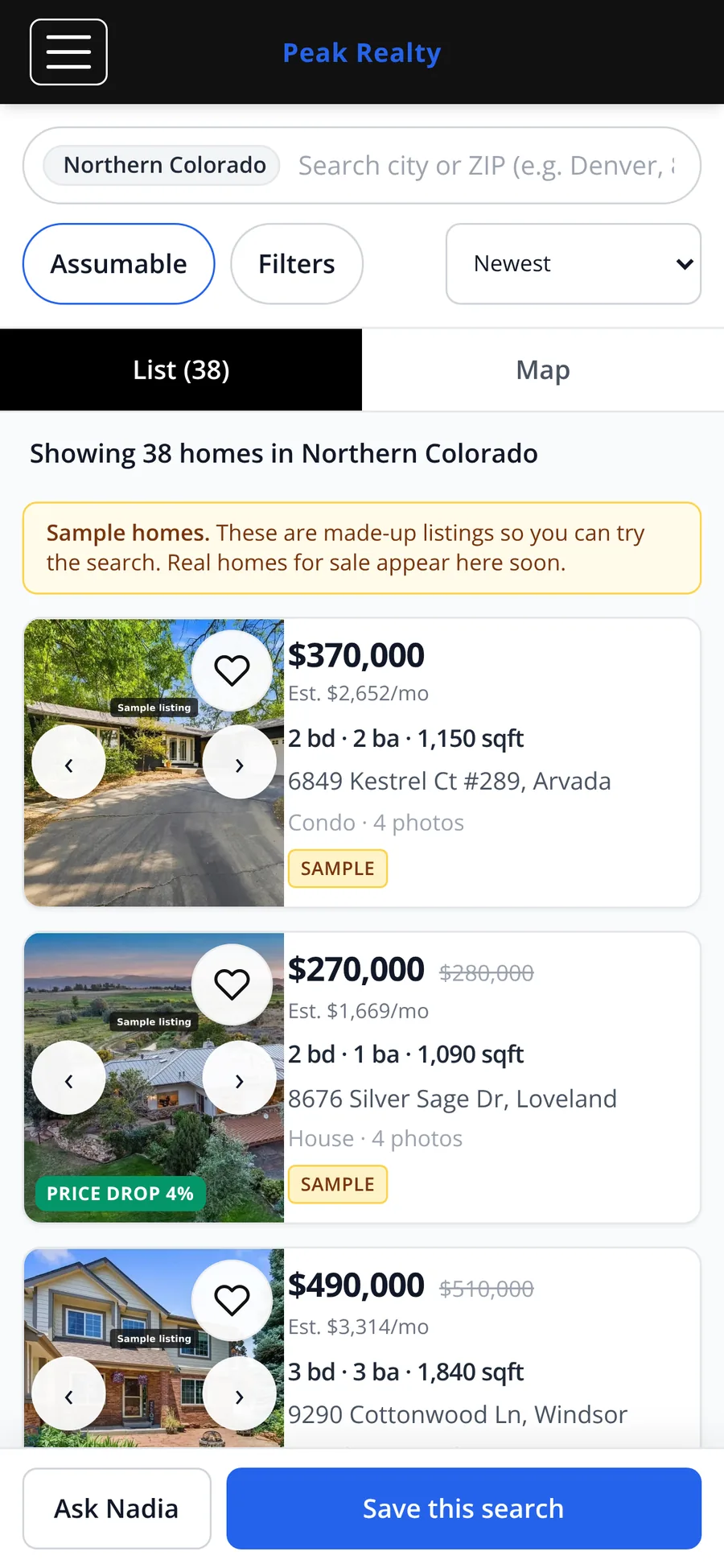 Search results on a phone, with the list and map tabs and a button to save the search.